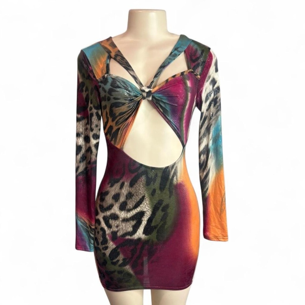 Multicolor Leopard Print Long Sleeve Open Front Cutout Dress